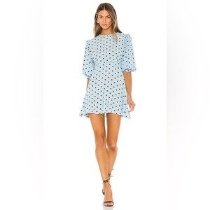 Faithfull The Brand Edwina Dotted Mini Dress in Baby Blue Dots Size 4.